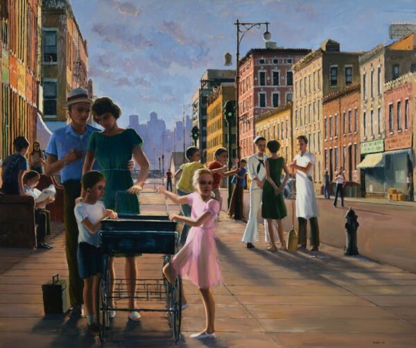 American Scene Painting Depicting People on a City Street